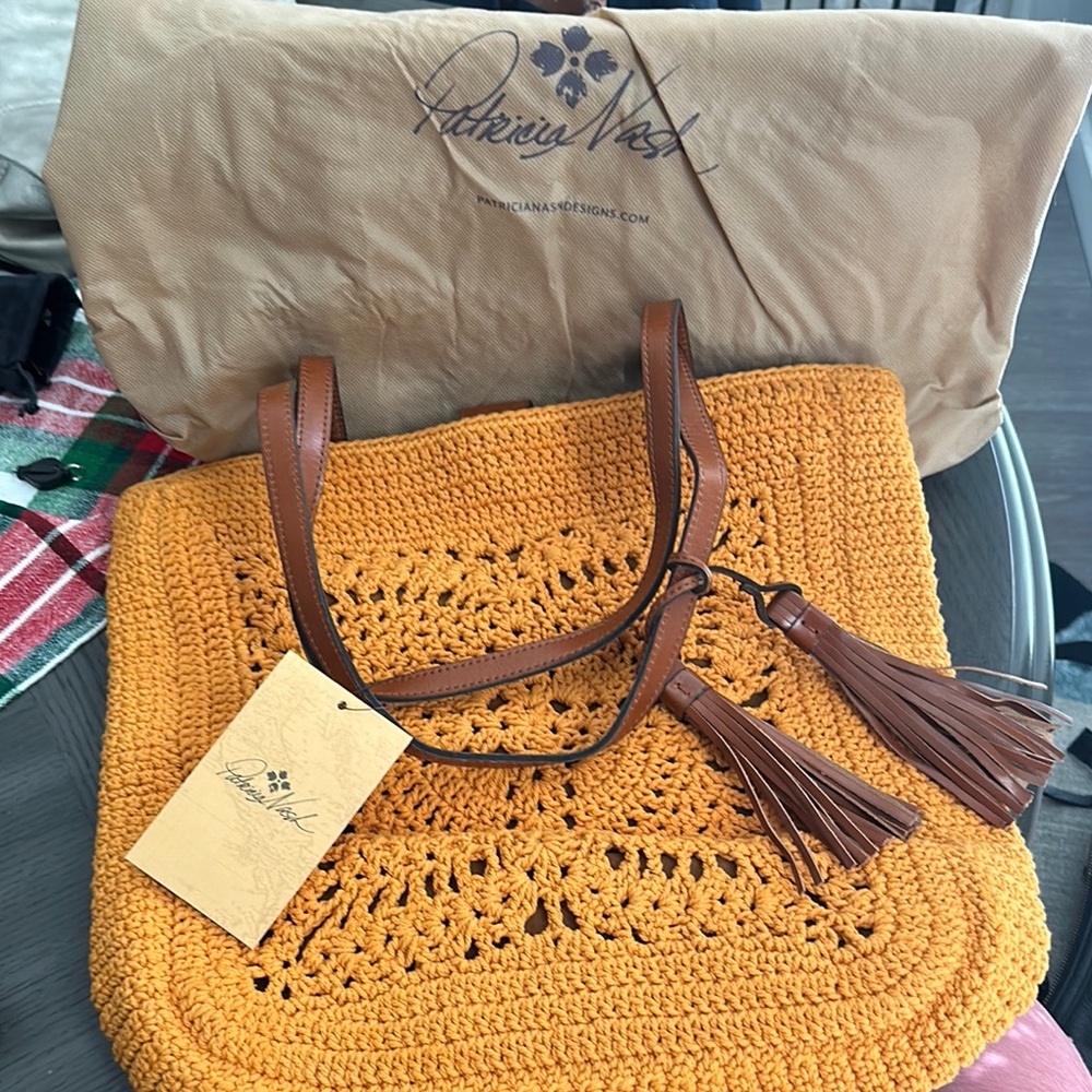 Patricia Nash Mustard Yellow Crochet Tote with Brown Leather Straps